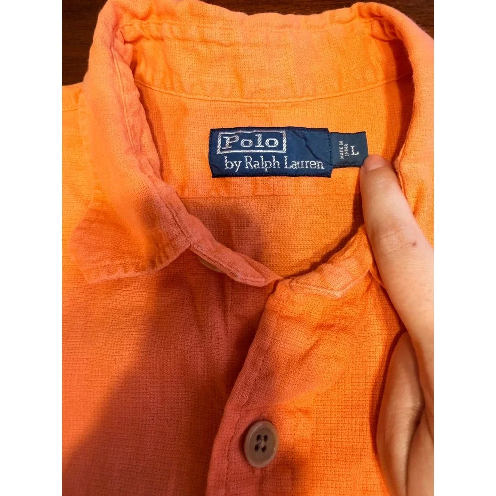 Polo Ralph Lauren Mens Linen Cotton Shirt Large Orange Short Sleeve Button Up
